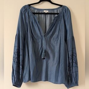 Crown & Ivy Blue Chambray Blouse with Embroidery